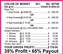 Load image into Gallery viewer, $1 Novelty Pull Tabs  - Color of Money/ All Holders Win Seal Game/ $1@504ct