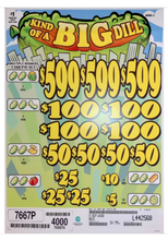 Load image into Gallery viewer,  Pull tab ticket with green and yellow design featuring numbers and prize amounts.
